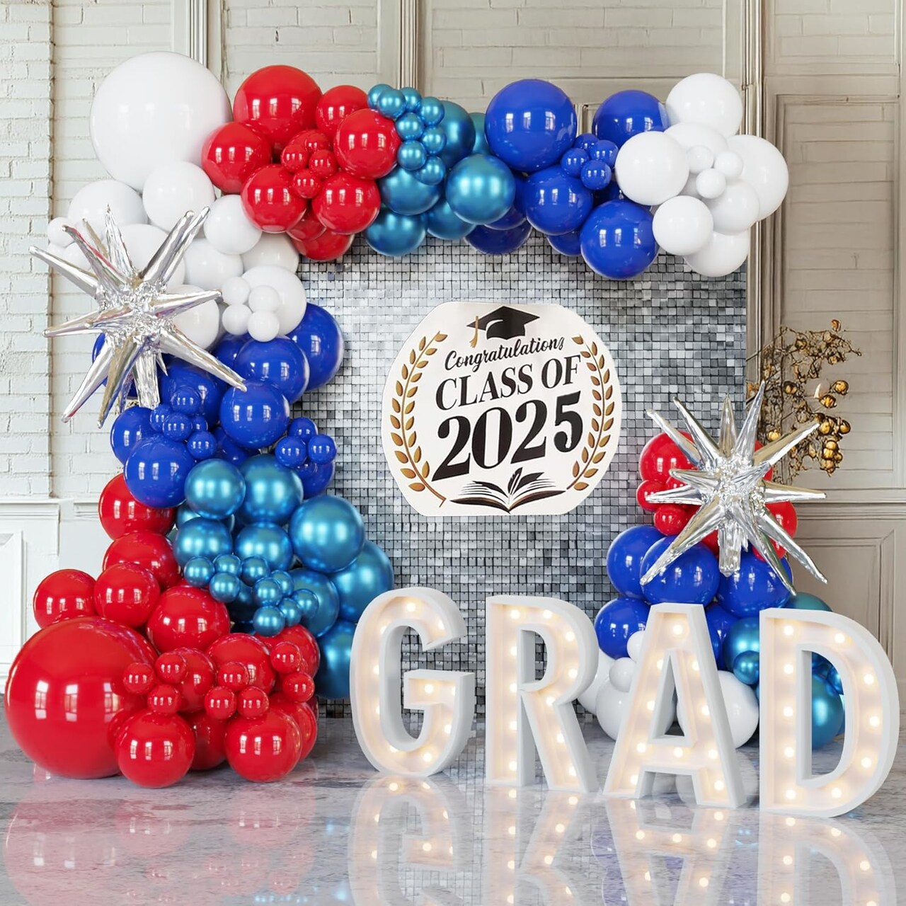148PCS Red Blue White Balloon Arch Garland Kit with Silver Star Foil Balloons for Patriotic Party